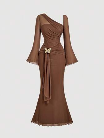 SHEIN MOD Asymmetric Shoulder Flare Sleeve Brown Bow Metal Buckle Mermaid Dress,Fall / Winter Dress,Western Wear Women,Country Concert Outfit,Old Money Style Women,Dresses For Women Party Formal Dresses For Wedding Guest,Fall Dresses For Women