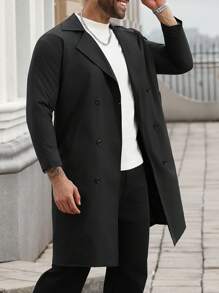 Manfinity Homme 男士加大码双排扣平纹休闲风衣，长款男士外套，黑色男士风衣，男士长款外套，男士风衣套装，秋季 - 黑色 - 查看 5