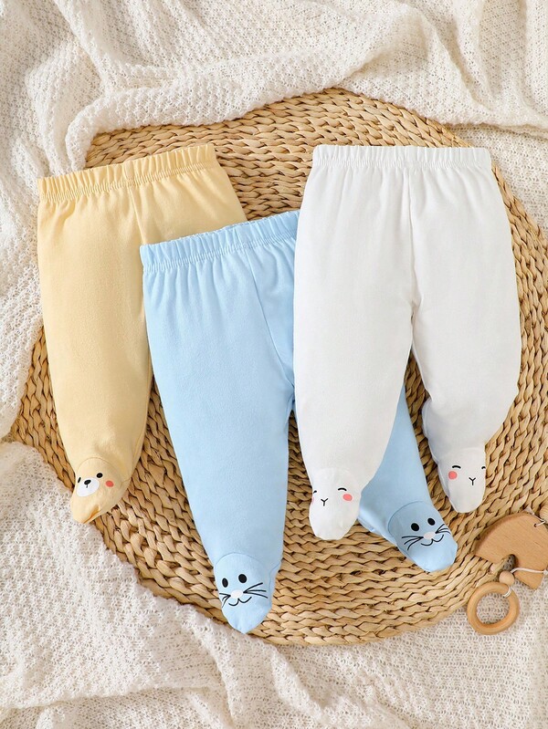 SHEIN 3pcs Newborn Baby Casual Cute Yellow Bear, Pink Kitty, White Rabbit Footless Pants, Cotton Baby Clothes Outfit Fall Winter