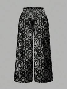 ROMWE Goth 哥特式黑暗猫十字月宫奢华黑暗恐怖浪漫藤蔓印花黑色加大码裤子，万圣节