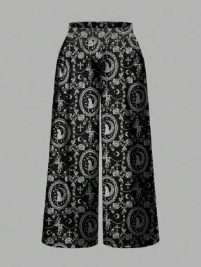 Goth Gothic Dark Cat Cross Moon Palace Luxurious Dark Horror Romantic Vine Print Black Plus Size Pants
