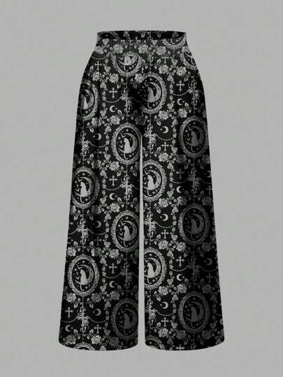 Goth بنطلون أسود مطبوع بنقوش قطة داكنة وهلال وأغصان عنب فاخرة، رومانسية مرعبة، مقاس كبير، مناسب لمناسبة هالوين