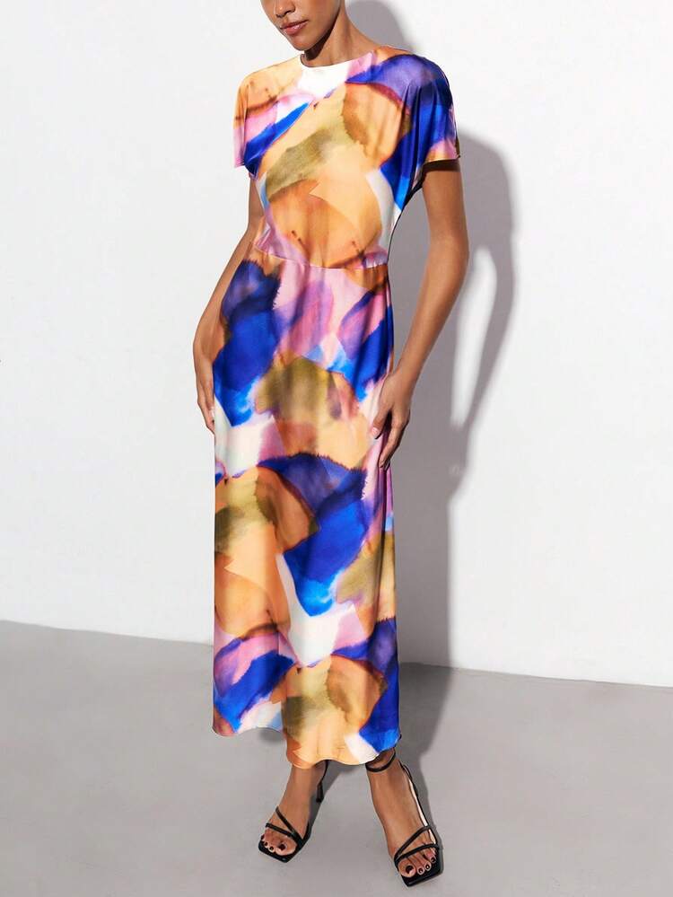 SHEIN Maija Vestido casual elegante de fiesta de mujer con cuello redondo, manga corta y ajustado, de tela de crepé de satén con estampado de teñido anudado en azul y naranja, adecuado para el trabajo, vacaciones, fiestas y como invitada de boda