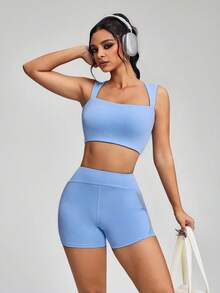 Innovista 女士必备纯色运动套装，精致设计，运动服饰，透气舒适，包含露脐上衣、文胸、短裤，带手机卡口袋，下装两件套，适合日常瑜伽、骑行、高强度间歇训练、办公室、法庭、早午餐、健身房等各种场合，多功能休闲运动套装，弹力十足，适合全天穿着。 - 藍色 - 查看 10