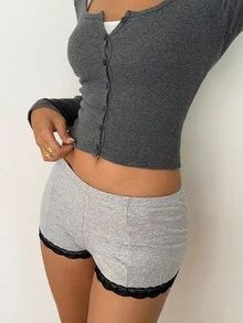 Aloruh Quần short cạp chun phối ren tương phản thường ngày mùa hè dành cho nữ - Màu Xám nhạt - Xem 7