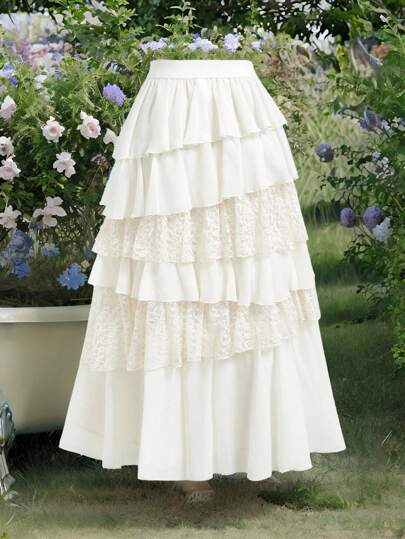 SHEIN MOD Plus Size Boho-Western Elegance: 70s Flowy Chiffon & Lace Maxi Skirt In Apricot Lace Skirt Tiered Skirt Ruffle Skirt Layered Skirt Cream Skirt,Christmas, Valentine's Day