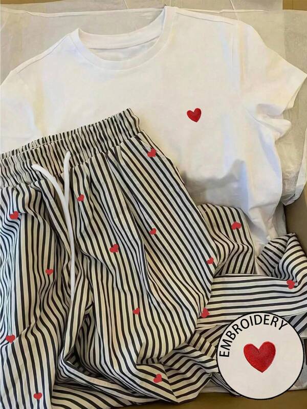 INAWLY 2 pezzi Set estivo casual da donna, composto da maglietta con ricamo a cuore e pantaloni a righe