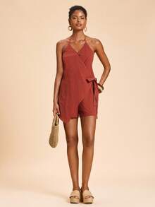 Travachic 女士纯色编织吊带连体裤，度假女士夏季连体裤，吊带连体裤，休闲连体裤，裹身式连体裤，度假连体裤 - 紅木色 - 查看 3