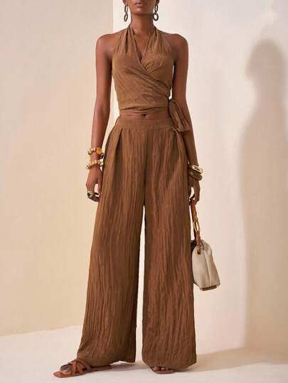 Zivah 20  Autumn New Music Festival, Easter, St. Patrick's Day, Western, Nomadic, Birthday Party, Graduation, College Style, Student Wear, Casual Everyday, Basic Versatile, Leisure, Cruise Travel, Beach, Sunbathing, Viral , Streetwear, Wedding Guest Boho, Commute, Brunch, Airport Outfit - Apricot Halter Criss-Cross Tie Blouse And Wide Leg Linen Pleated Pants 2 Pieces Set