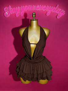 Slaydiva 2025 Spring/Summer New Sexy Street Style Solid Color Halter Tie-Up Deep V Neck Sleeveless Crop Top + Layered Ruffle Bow Decor Mini Skirt 2-Piece Set, Suitable For Music Festivals, Easter, Graduation, Daily Wear - Brown - View 6