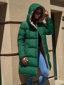 EURMUSE Women's Two-Tone Hooded Pocket Zip-Up Mid-Length Winter Jacket - Green - View 5