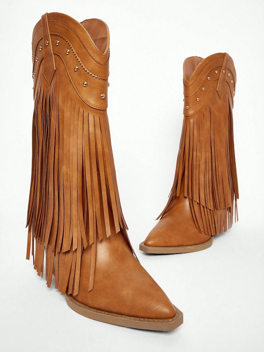 Solezae #BeyonceConcertLook 女士粗跟流苏 PU 棕褐色西部牛仔靴 - 折叠流苏设计，时尚又彰显个性，适合节日、音乐会和所有最大胆的时尚时刻