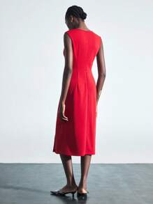 Maija Váy dài vừa phải không tay thắt eo màu đỏ trang trí kim loại cho nữ - Đỏ - Xem 7