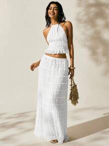 Easelle 女士度假户外浪漫挂脖露背低腰短裙套装白色两件套裙套装两件套白色套装女夏季两件套女亚麻两件套沙滩裙套装 - 白色 - 查看 6