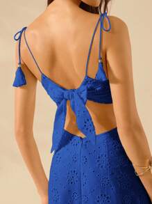 CAJUNI 女式波西米亚白色镂空面料，镂空腰后绑带无袖白色连衣裙，节日休闲夏装 - 寶藍色 - 查看 6