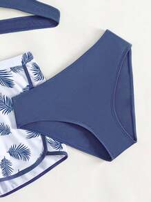 Teen Girls Tropical Print Wrap Bikini Set With Swim Shorts Summer Beach - Blue and White - View 4