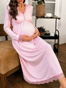 SHEIN BloomMama Maternity Elegant French Lace Trim Loose Long Sleeve Nightgown, Fall, Winter