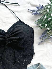 Soleia 夏季黑色外出蝴蝶结抽绳前露背吊带围巾下摆上衣 - 黑色 - 查看 7