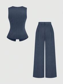 Sweetra Bộ áo vest đen một hàng khuy và quần ống rộng xếp ly - Màu xanh lam - Xem 2