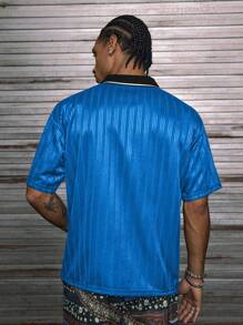 AXEPEAK 男士字母印花短袖休闲宽松 Polo 衫 - 藍色 - 查看 5