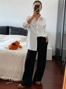 DAZY 秋冬女款条纹刺绣宽松长袖翻领休闲衬衫 - 白色 - 查看 6