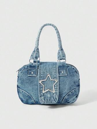 Grunge Punk 1 pieza Bolso de hombro con estrella de metal de cinco puntas de estilo punk Y2K en color azul claro, bolso de verano adecuado para ir de compras, de fiesta, etc.