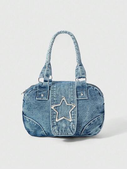 Grunge Punk 1 pieza Bolso de hombro con estrella de metal de cinco puntas de estilo punk Y2K en color azul claro, bolso de verano adecuado para ir de compras, de fiesta, etc.