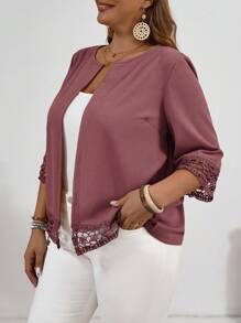 EMERY ROSE Plus Size Women's Solid Color Lace Patchwork Round Neck Casual Lightweight Blazer Winter Fall Autumn - Dusty Pink - View 4
