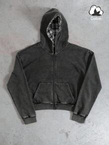 PAVTROS Manfinity Streetrush 男士 Y2K INS 时尚街头风格子拼接雪花水洗拉链连帽卫衣，复古做旧秋季连帽衫，百搭都市风，送给男友的理想礼物，返校必备，水洗拉链，Grunge 拉链连帽衫，连帽外套，纯棉拉链连帽衫，男士短款拉链连帽衫 - 彩色 - 查看 3