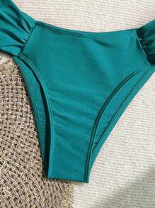 Swim Chiccia Women's Sexy Metal Accented High Cut Pleated Spaghetti Strap Bikini Set, All-Vegan Beach Vacation Swimwear For Summer - Green - View 5