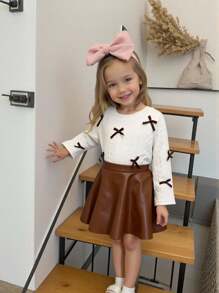SHEIN Baby Girl Loose Casual Simple Comfortable Round Neck Bow Decor Long Sleeve T-Shirt & Skirt Set Toddler Girl Fall Outfit Baby Girl Sweater With Bows Toddler Girl Brown Skirt 2 Piece Toddler Girl Outfit Baby Girl Clothes  Suitable For School  Returning To School  School Uniforms  College Settings Baby Girl Sweater Set 2pcs Toddler Girl Outfit Set Baby Girl Clothes With Bows Toddler Girl Skirt Set Baby Girl Sweater Outfit 2 Piece Baby Girl Outfit