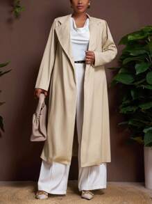 Veslaya Plus Size Women's Solid Color Lapel NeckLong Sleeve Long Casual Blazer Jacket In Fall/Winter - Khaki - View 6