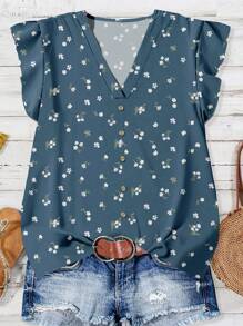 EMERY ROSE 女士休闲花卉图案V领衬衫，适合夏季