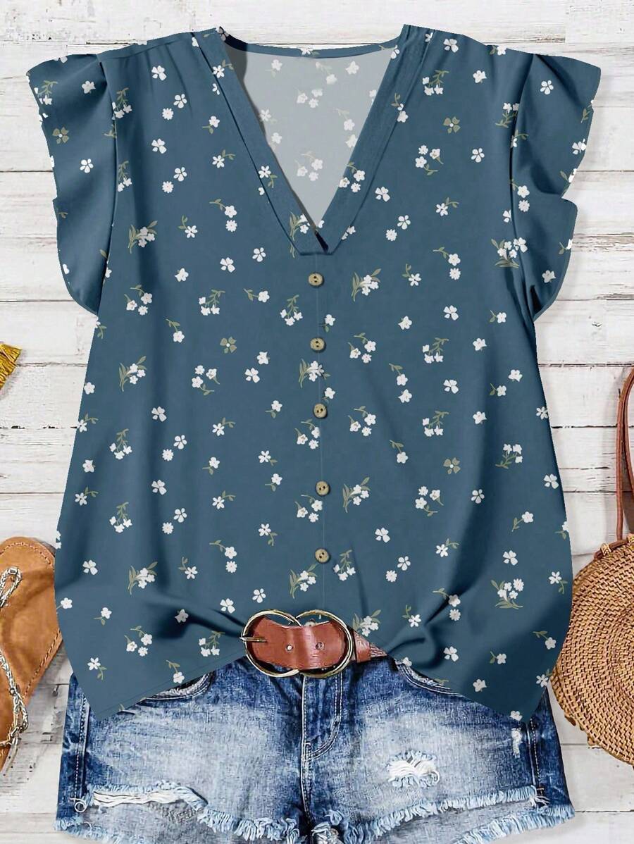 EMERY ROSE 女士休闲花卉图案V领衬衫，适合夏季