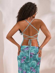 Opulessa 时尚亮片点缀蓝色吊带针织派对上衣，优雅无袖蓝色派对上衣，针织面料，饰以闪亮花卉图案，Y2K风格亮片上衣，休闲女装，适合音乐会、派对、夜店、秋季、外出、优雅性感派对约会之夜等场合。 - 藍色 - 查看 2