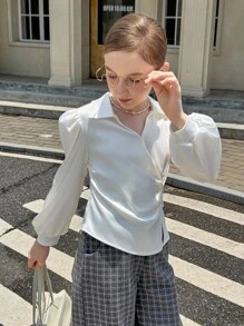 少女优雅纯色灯笼袖衬衫 - 白色 - 查看 3