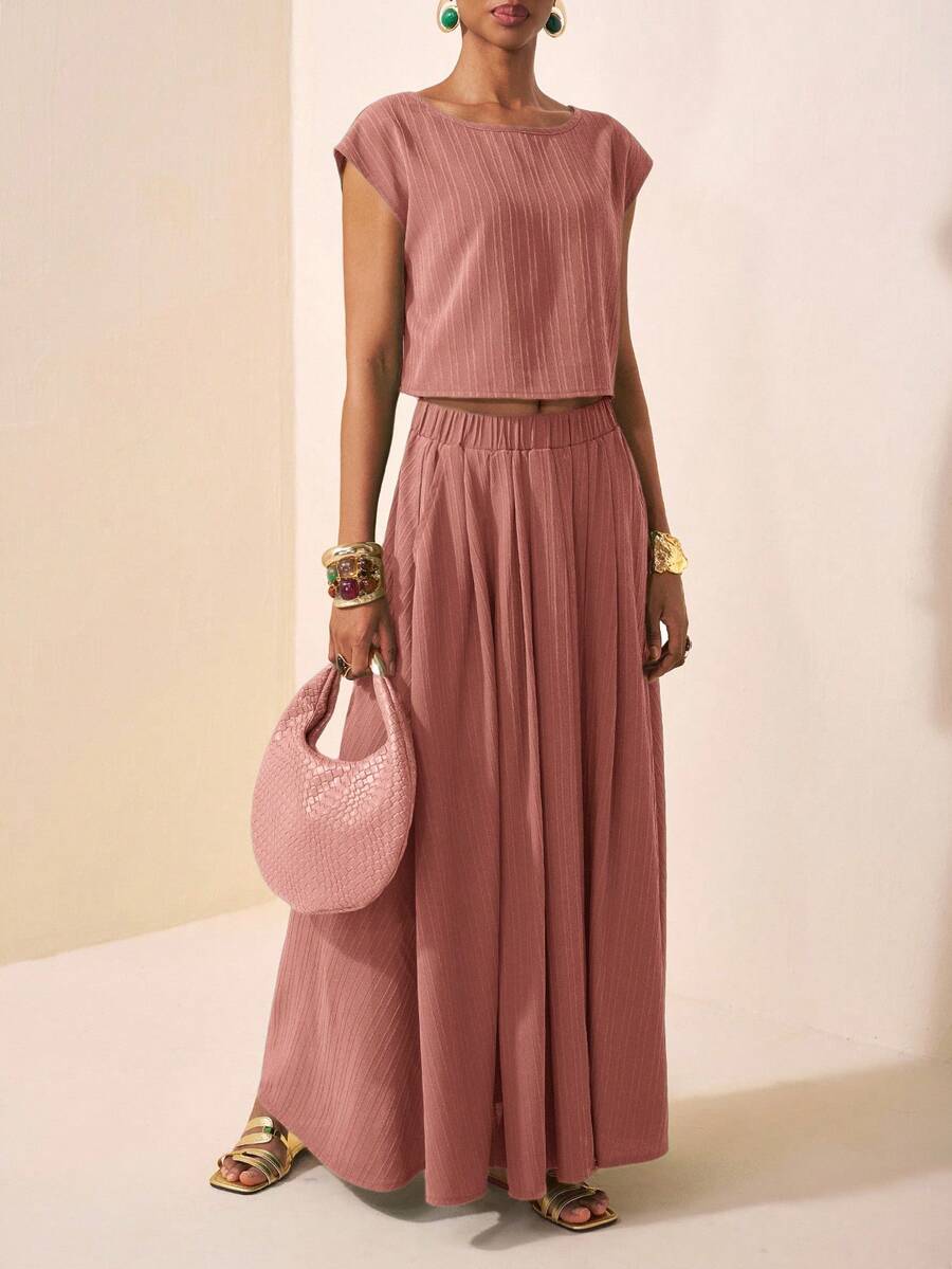 Zivah 2025新款夏季休闲度假优雅日常约会沙滩装生日派对圆领插肩袖短袖剪裁T恤+百褶裙长裙绿波条纹梭织女士两件套 - 粉色 - 查看 1