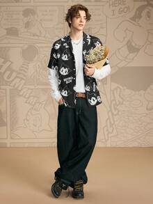 Astro Boy X SHEIN Men's Cartoon Figure Graphic Black Button-Front Short Sleeve Shirt - Black - View 5