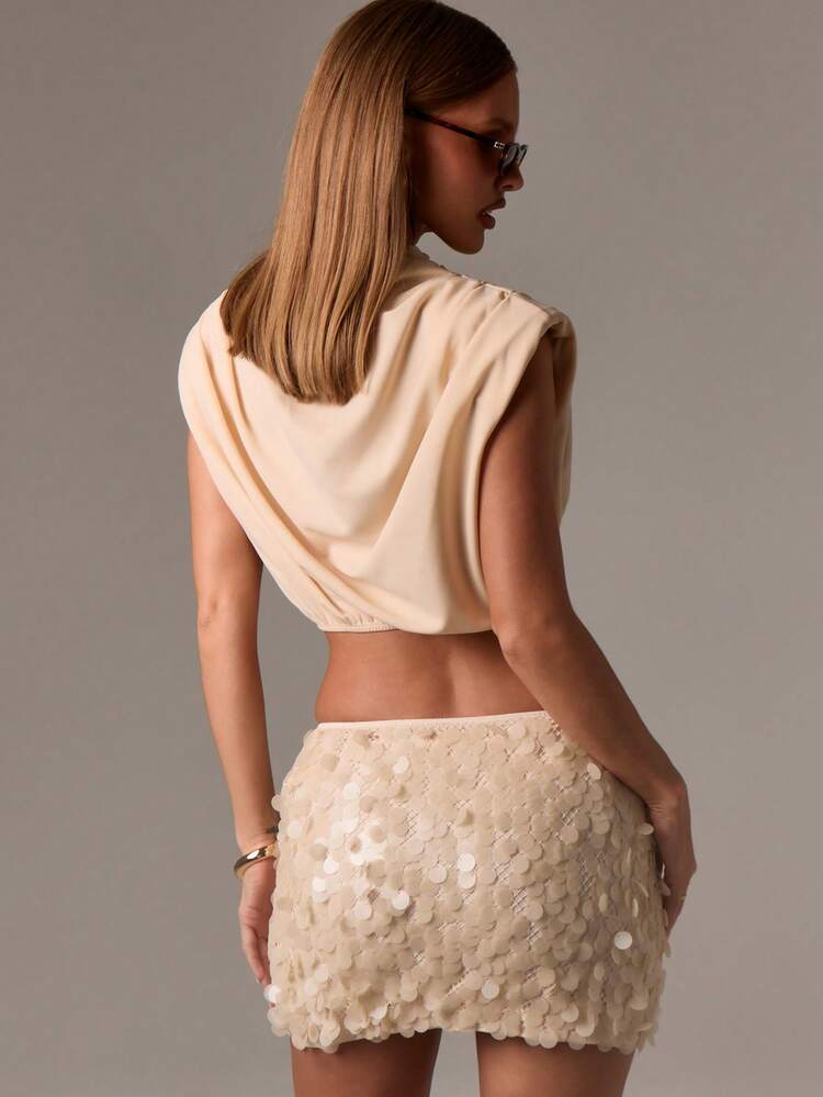 Draped Mock Neck Sleeveless Crop Blouse