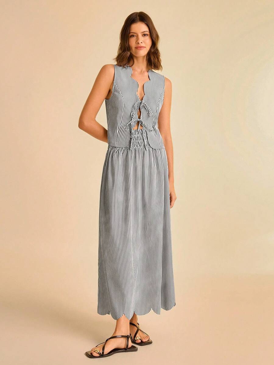 CAJUNI Chân váy chữ A xếp ly, cạp chun, họa tiết sọc đen trắng dành cho nữ, thích hợp cho kỳ nghỉ và đi làm. - Đen và trắng - Xem 1