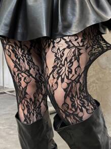 GalTyme Plus Size Lace Sheer Skinny Minimalist Leggings, Casual Daily Wear