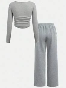 SHEIN Tween Girl Casual Street Style Ruched U-Neck Long Sleeve Ribbed Knit Fitted T-Shirt And Pleated Wide Leg Sweatpants Set, Suitable For Home, Outdoor, School, Grey Fall Winter
