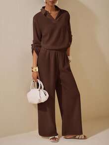 Zivah New Summer Casual Elegant Vacation Daily Dating Commuting Work Wear Simple Basic Style Lapel Long-Sleeved Drop Shoulder Loose Shirt + Wide-Leg Ultra-Long Pants White Women's Two Pieces Suit Blouse And Pants Set 2 Piece Linen Sets Woman Brown Outfit Women - Brown - View 7