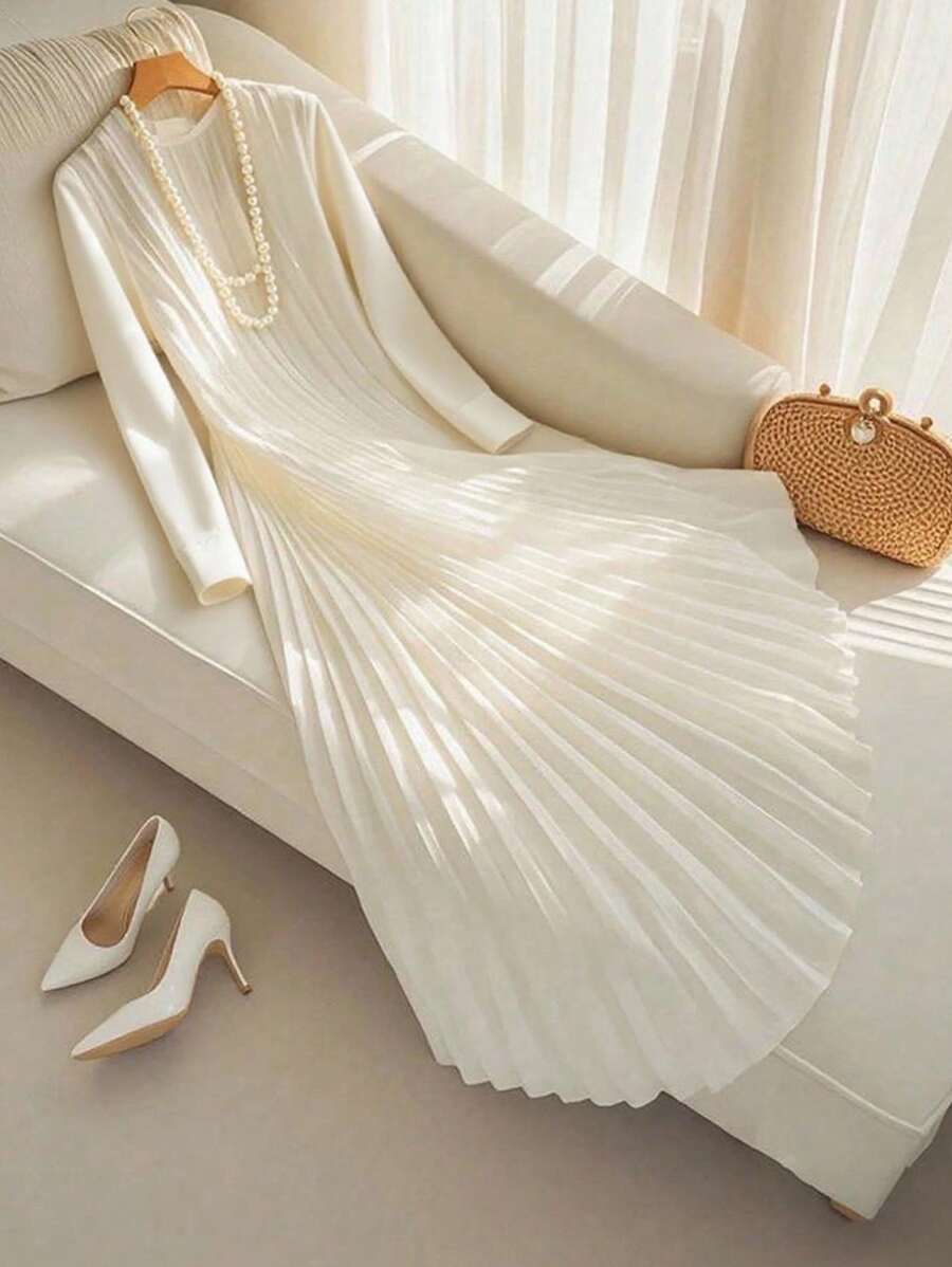 Franclia 女士优雅纯色百褶连衣裙，适合通勤