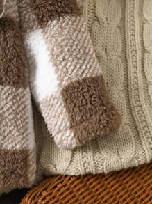 SHEIN 1 件婴儿毛绒开衫、婴儿夏尔巴夹克、男婴羊毛外套、冬季和春季厚保暖衣服 - 咖啡棕 - 查看 8