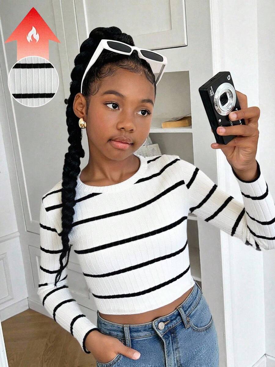 SHEIN Tween Girl 黑白罗纹圆领长袖休闲宽松厚 T 恤,秋冬套头衫 - 白色 - 查看 1