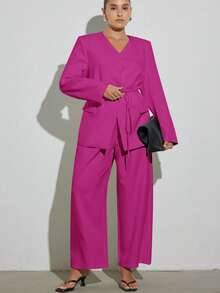 GENKIRA 优雅长袖西装外套搭配直筒阔腿西装裤，办公室穿着 - 玫紅色 - 查看 4