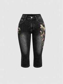 ROMWE Fairycore 女式 Y2k 夏季复古蝴蝶亮片刺绣七分牛仔裤 - 黑色 - 查看 1