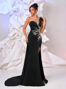 Glamrae 优雅奢华的浅黄色手工串珠面料贴花不对称肩部性感开衩飘逸女式正式晚礼服 - 黑色 - 查看 6