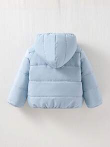SHEIN Playful Pals 0-3 Years Baby Boy/Girl/Unisex Infant Toddler Casual Everyday Cute Versatile Thick Hooded Cream Blue Fog Blue Fleece Jacket Winter Coat Fall - Blue - View 2